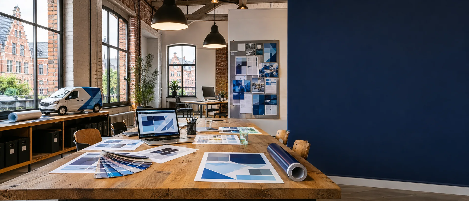 Werbelandschaften-Studio mit Kampagnenmustern, Folienmaterial und Bremer Backsteinarchitektur
