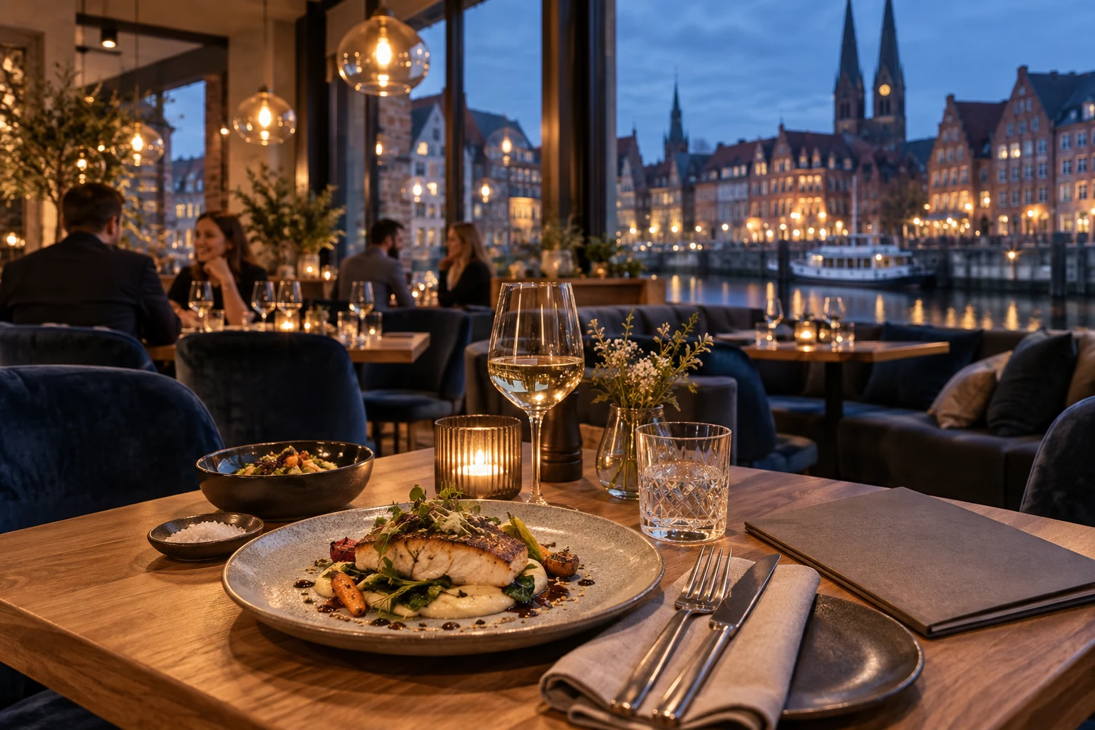 Warm beleuchteter Gastraum am Abend