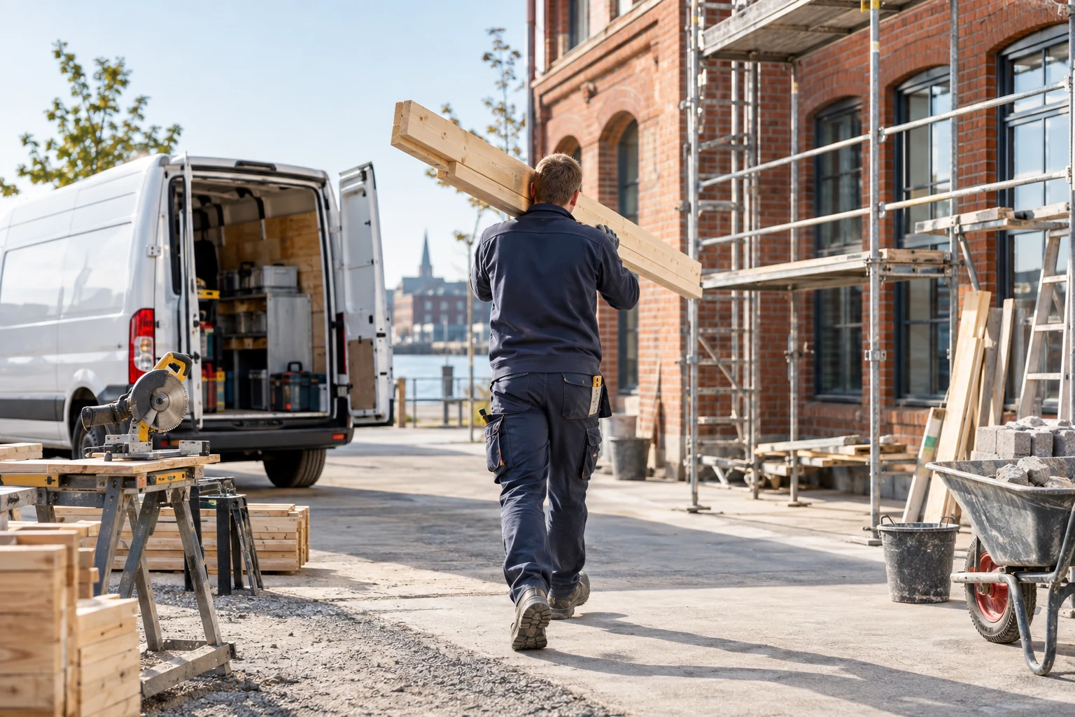 Handwerksbetrieb bei der Arbeit, daneben ein neutraler Transporter