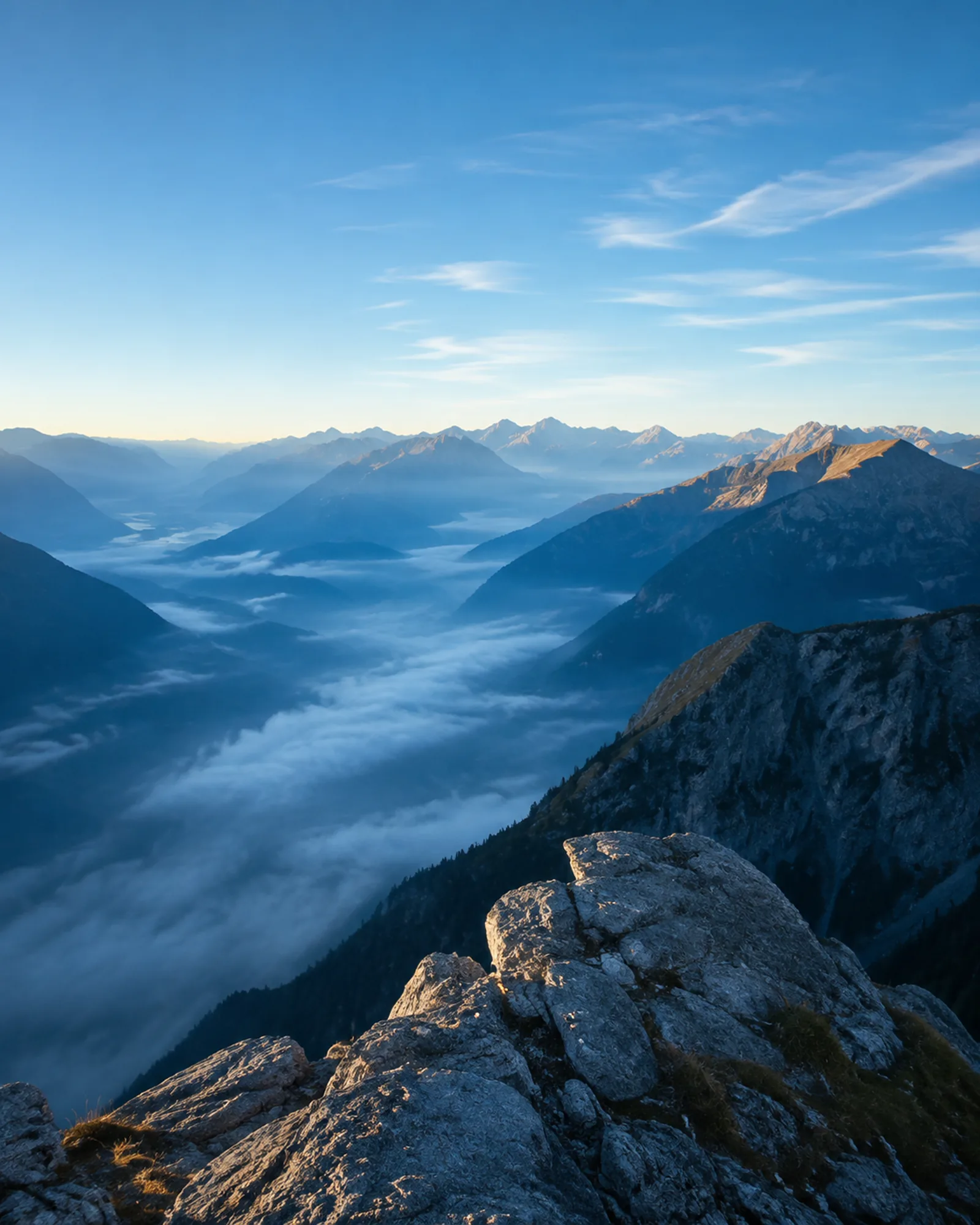 Blick von einem Berggipfel über ein nebliges Tal im Morgenlicht