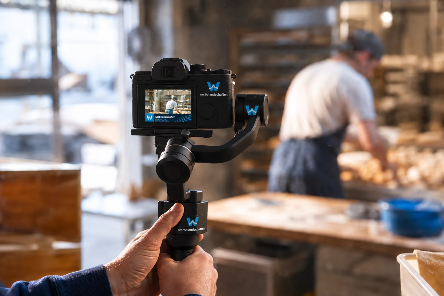 Kamera auf Gimbal filmt in einem Betrieb