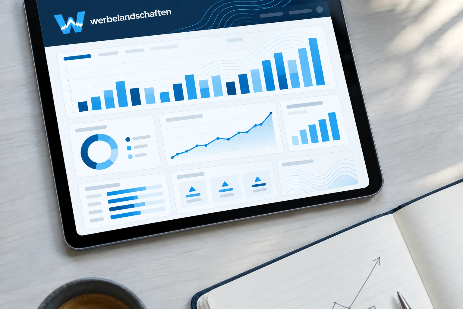 Tablet mit Kampagnen-Dashboard neben Notizbuch und Kaffee