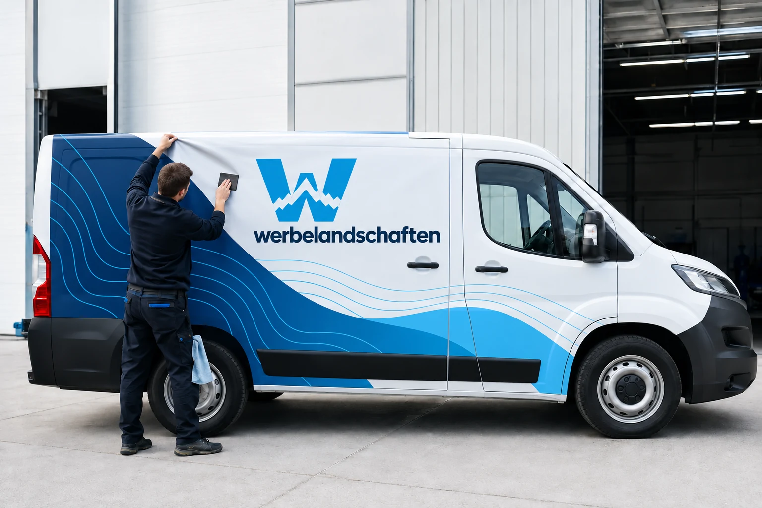 Monteur bringt blaue Folienbeschriftung an einem weißen Transporter an