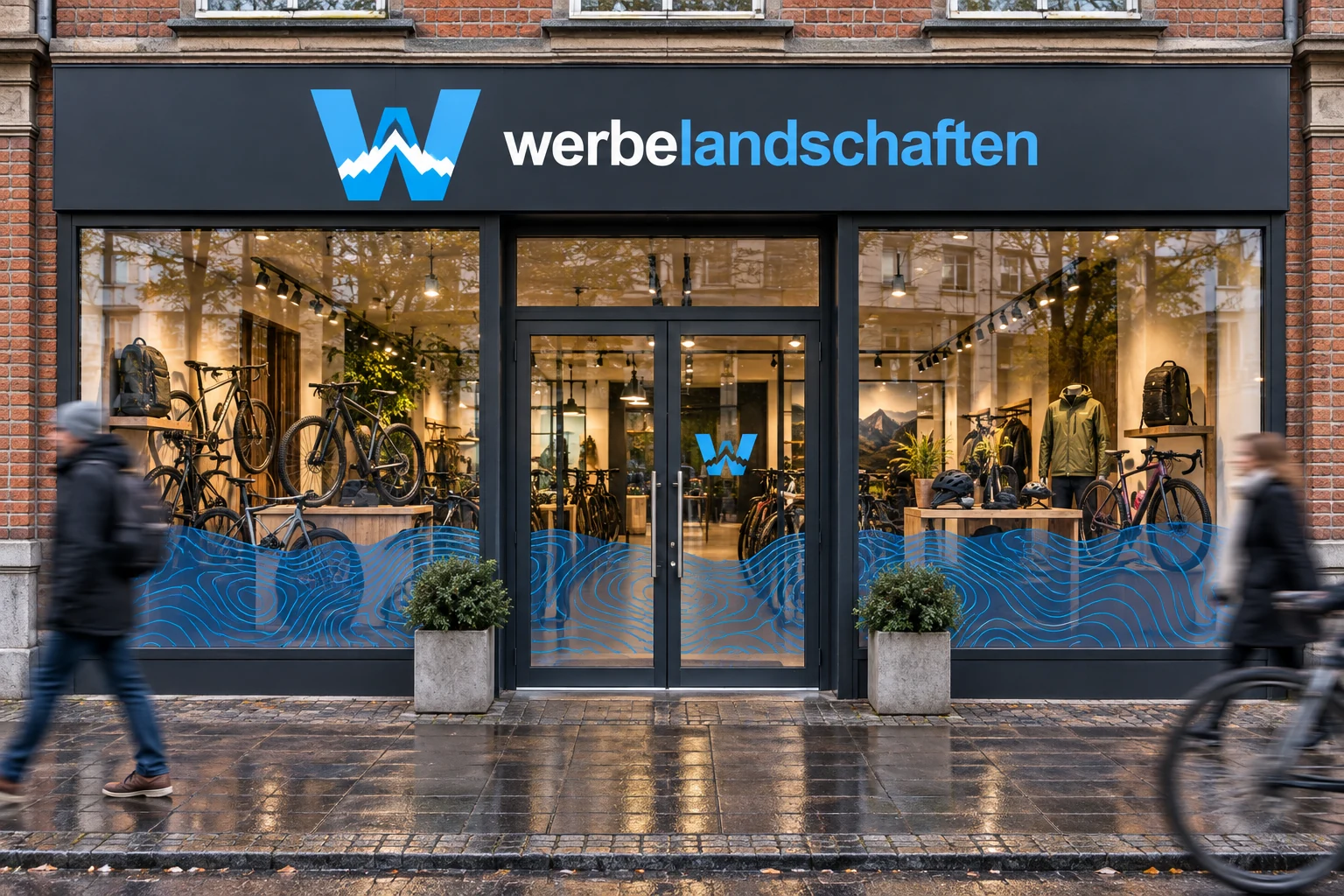 Fahrradladen mit Werbelandschaften-Schild und Höhenlinien-Folierung