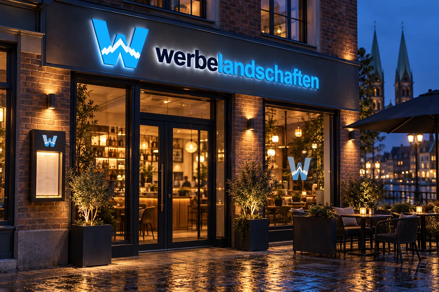 Restaurantfassade mit leuchtender Werbelandschaften-Wortmarke am Abend