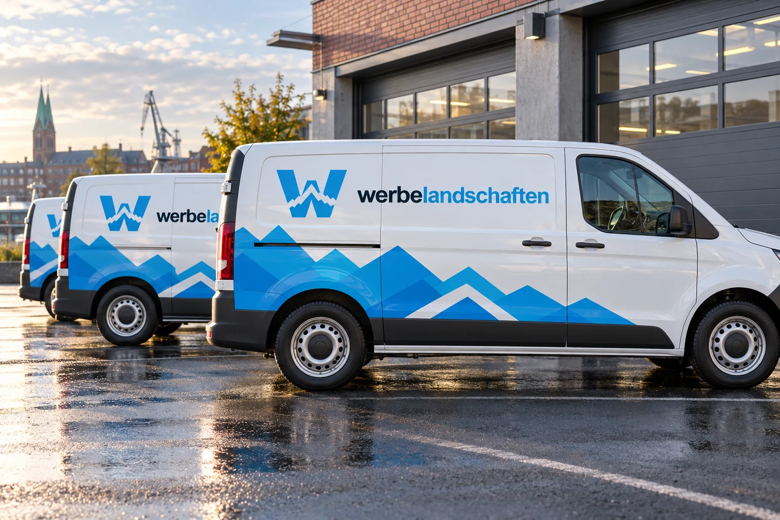 Fahrzeugflotte mit Werbelandschaften-Beschriftung vor einer Halle