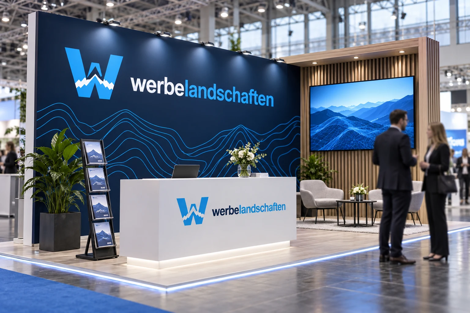Messestand mit großer Werbelandschaften-Rückwandgrafik