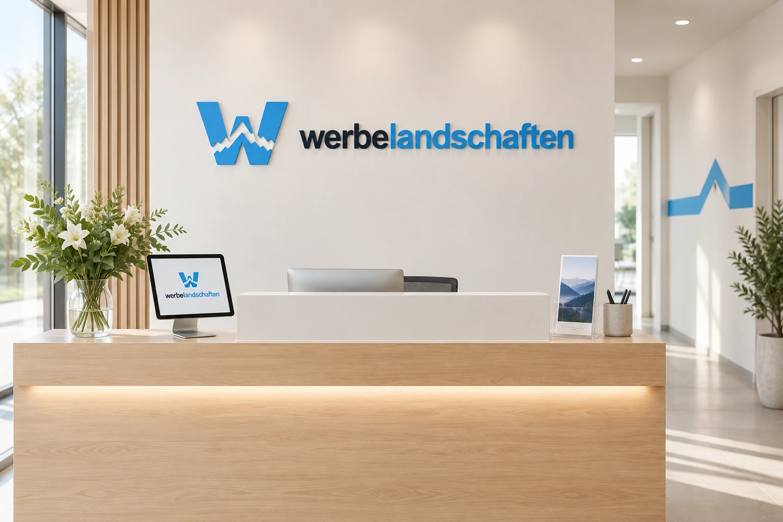 Heller Empfangsbereich mit Werbelandschaften-Wandlogo